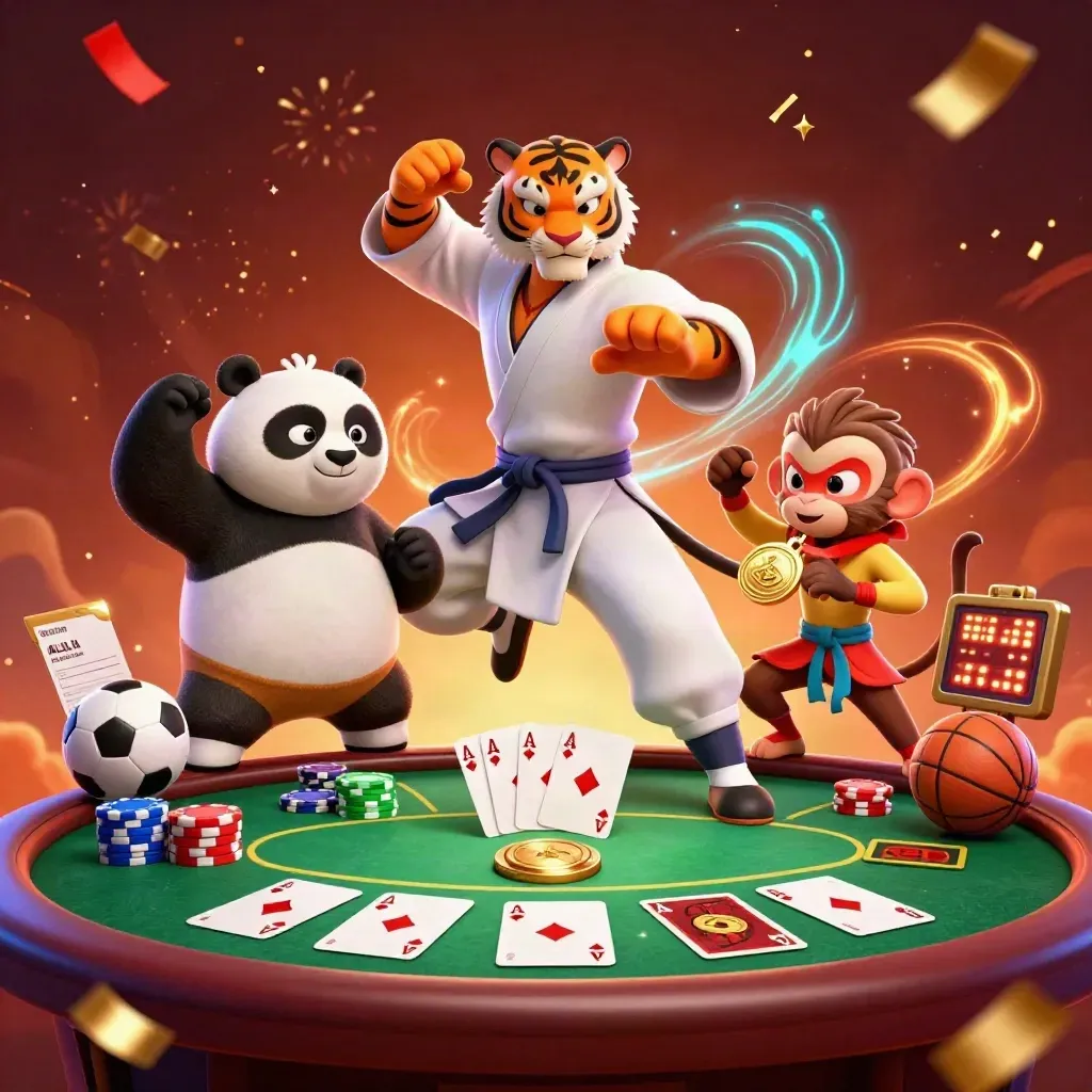 Kungfu tijger, panda en aap rond pokerchips en sportballen in neon casino-stijl.