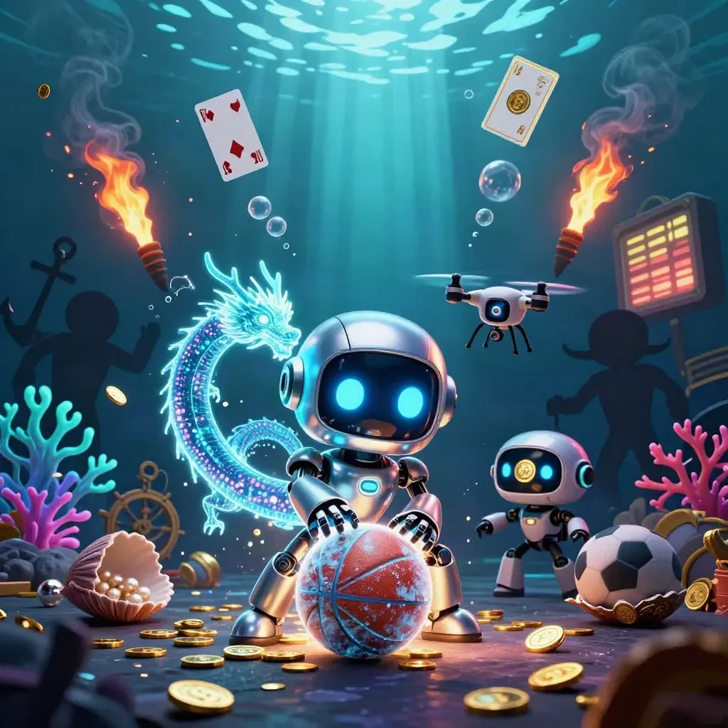 Robot, holografische draak en drone boven onderwater schatkamer met ballen en goudspetters.