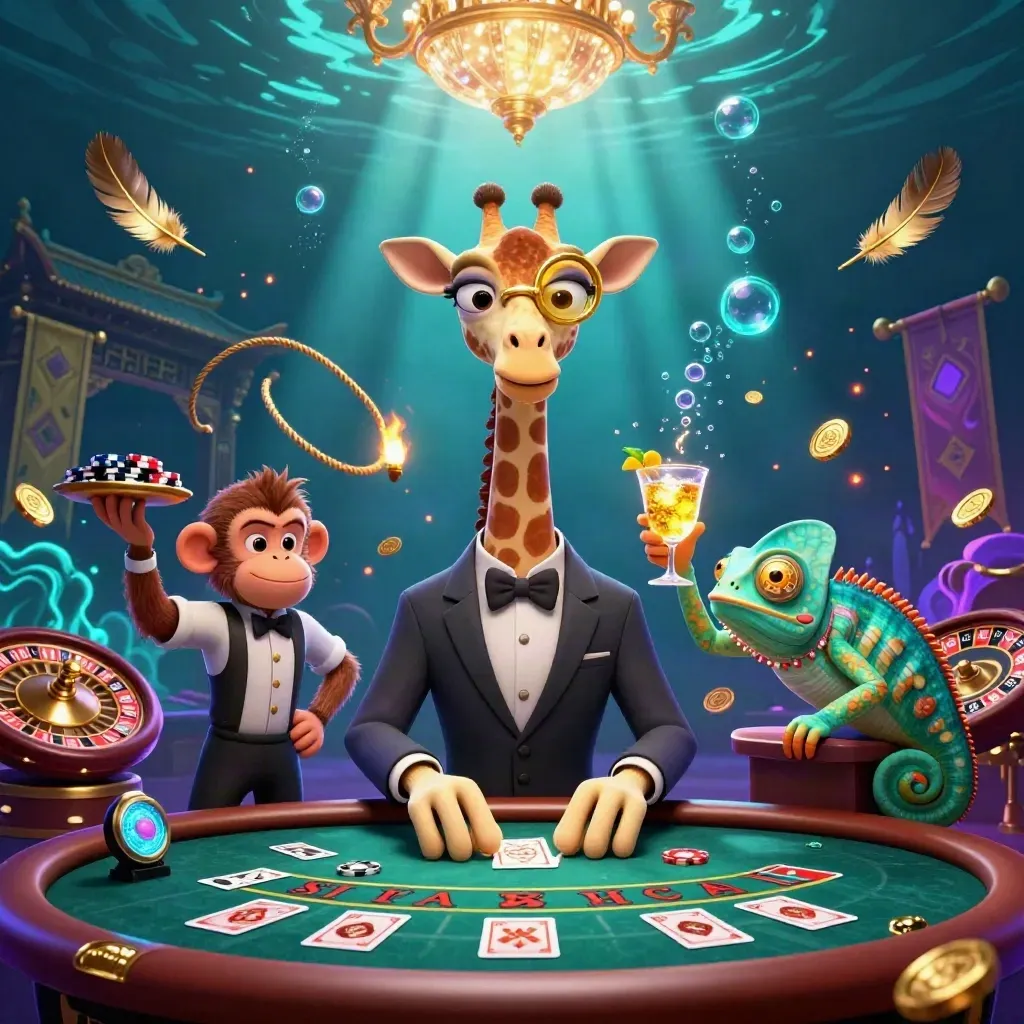 Giraffe, aap en kameleon in luxe casino met onderwatergloed en goud