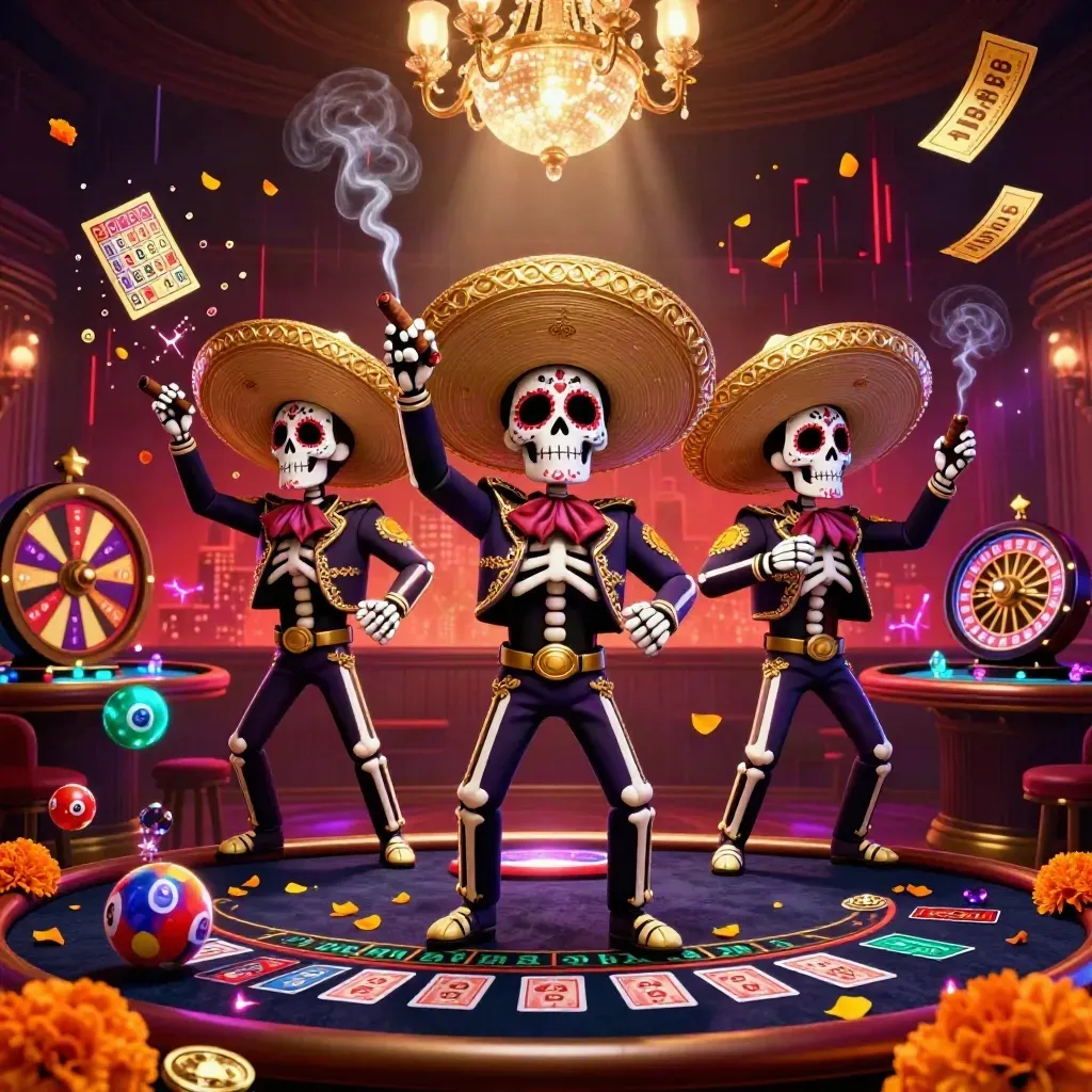 Drie skelet-mariachi’s tussen neon effecten, goud en vallende goudstukken in een luxe casinozaal.