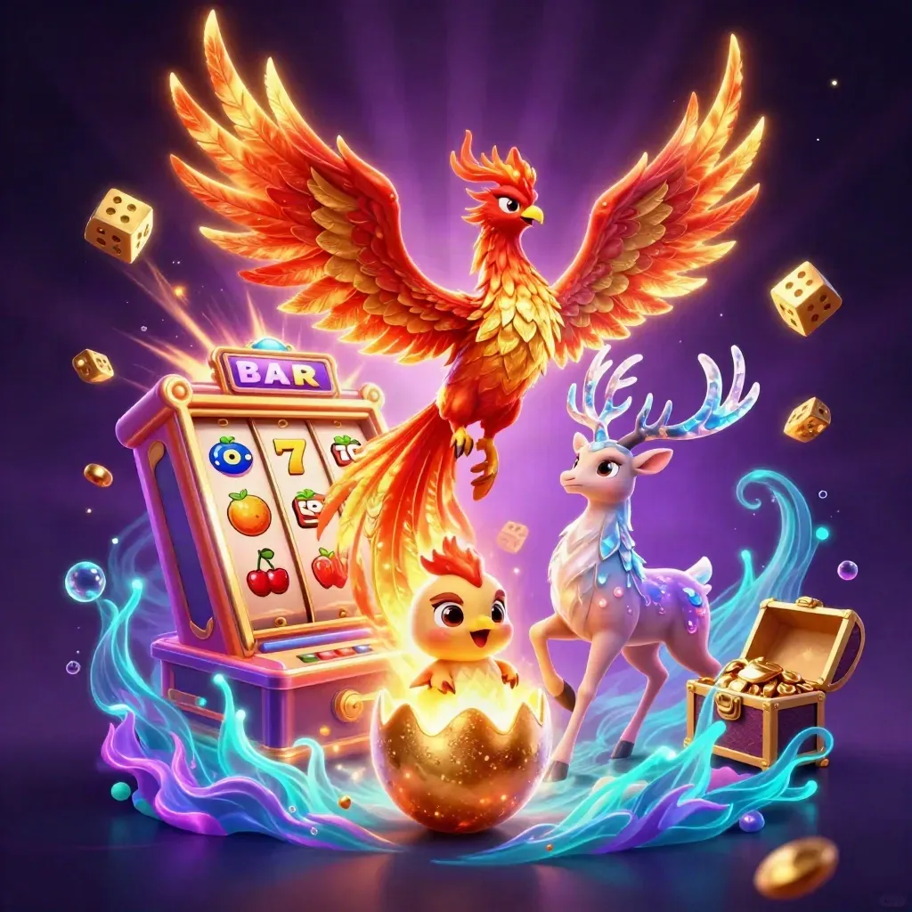 Phoenix, hert en babyphoenix tussen jackpot-uitbarsting en goudschat in neon cyaan.